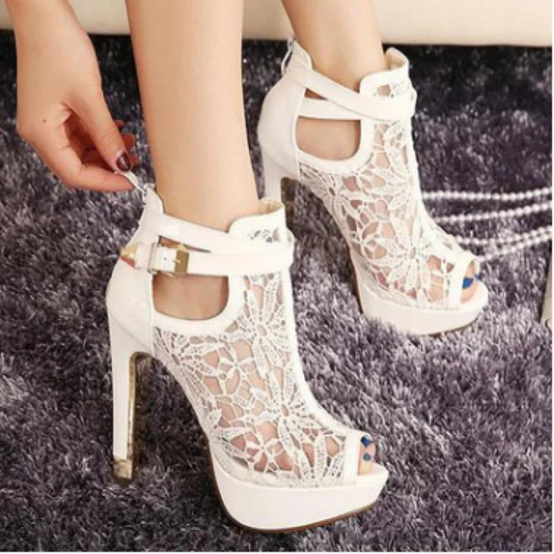 Fashion Fish Mouth Waterproof Platform High-heeled Sandals Mesh Breathable Zipper Buckle Metal Women's Shoes Nightclub