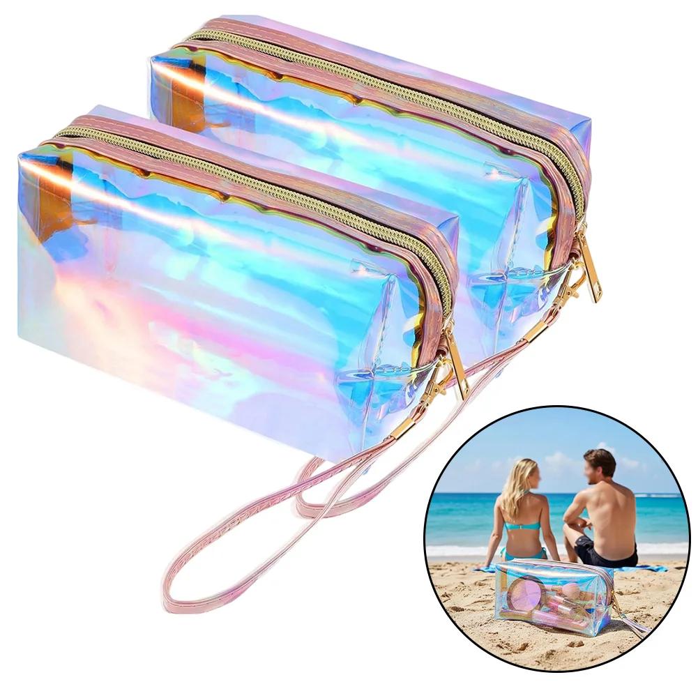 Trendy 2-delt iriserende holografisk makeup-taskesæt til rejser og daglig brug Makeup-taske PVC kosmetikpung Rejsearrangør