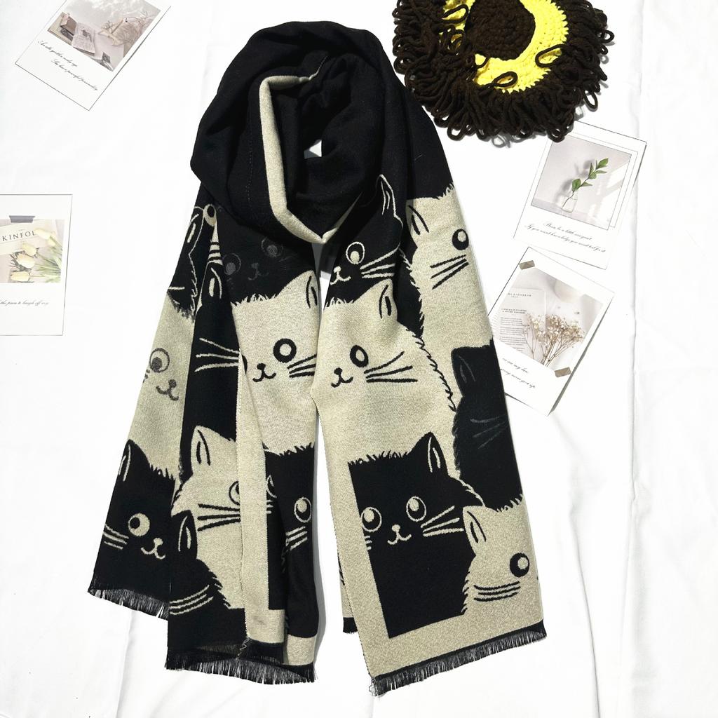 New All match Cute Cat Pattern Autumn and Winter Scarf for Women Winter Warm and Thickened Air Conditioned Shawl