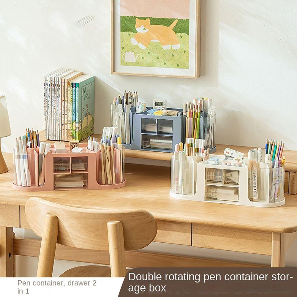 Double Rotation Drawer Pen Holder Desk Stationery Storage Pencil Container Students