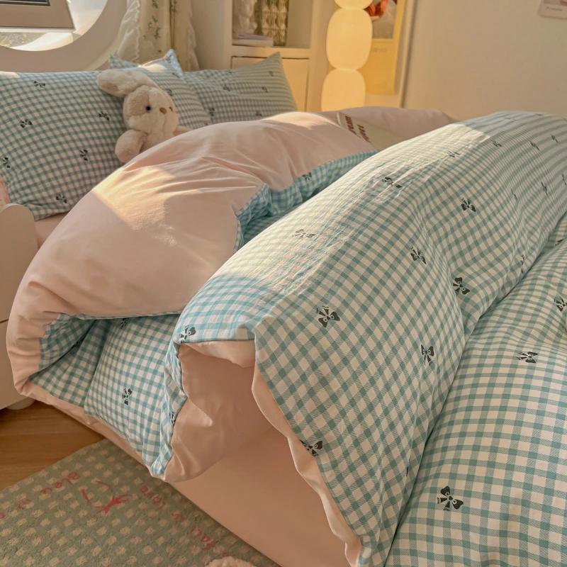 

New Quilt Set Washed Cotton Ins Style Bed Cover Four-piece Sheet Set - Bow Check Pillowcase Included for Students 150x200 150x200cm 4pcs&set