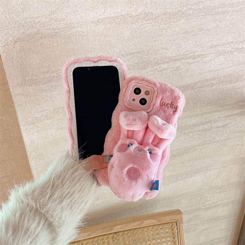 Husă de pluș cu desen animat pentru telefon Apple 15 Promax cu design drăguț de iepuraș și suport anti-cădere