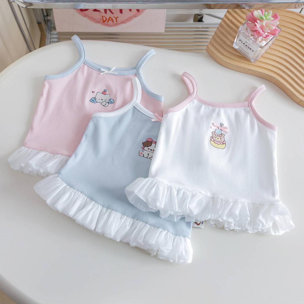 Girls Summer Princess Splice Lace Camisole Cartoon Embroidery Sleeveless Vest Top