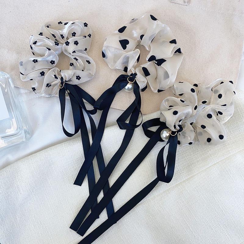 Bowknot Headwear with Tassels and Pearls Mesh Scrunchie Hair Tie