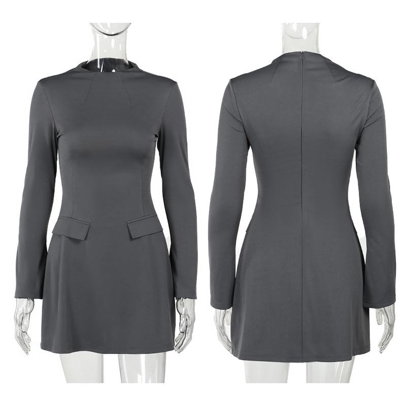 

Женское платье А-силуэта, сексуальное, облегающее, с однотонными карманами, высокой талией, круглым вырезом, длинным рукавом, рабочее платье, сращивающееся, с высокой талией, мини-платье на осень L серый