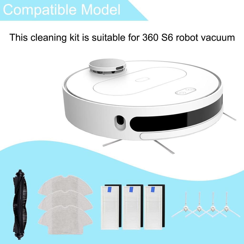 EATBALE Spare Set for 360 S6 Robot Vacuum Cleaner - Rubber 1 Main Brush, 4 Side Brushes, 3 HEPA Filters, 3 Wipe Pads - Replacement Parts Suitable for