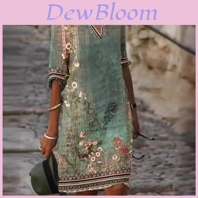 Ethnic Style Floral Print Vneck Dress With Loose Fit For Spring Summer Fashion