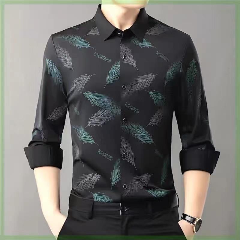 

Осенняя новая мужская рубашка с длинными рукавами из ледяного шелка в полоску, бесшовный топ, эластичная рубашка для мужчин среднего возраста, одежда для пап 4XL зелёный