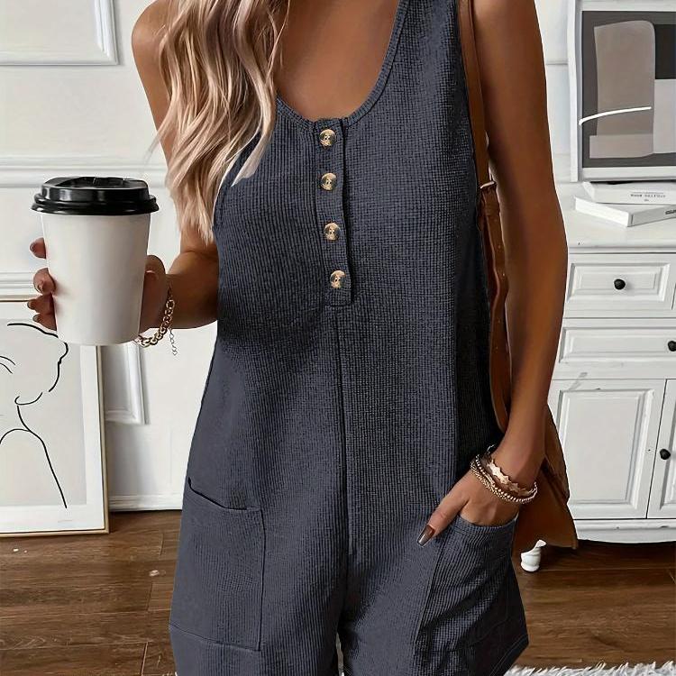 Button-down Front with Pocket Jumpsuit, Summer Casual Solid-color Sleeveless Jumpsuit