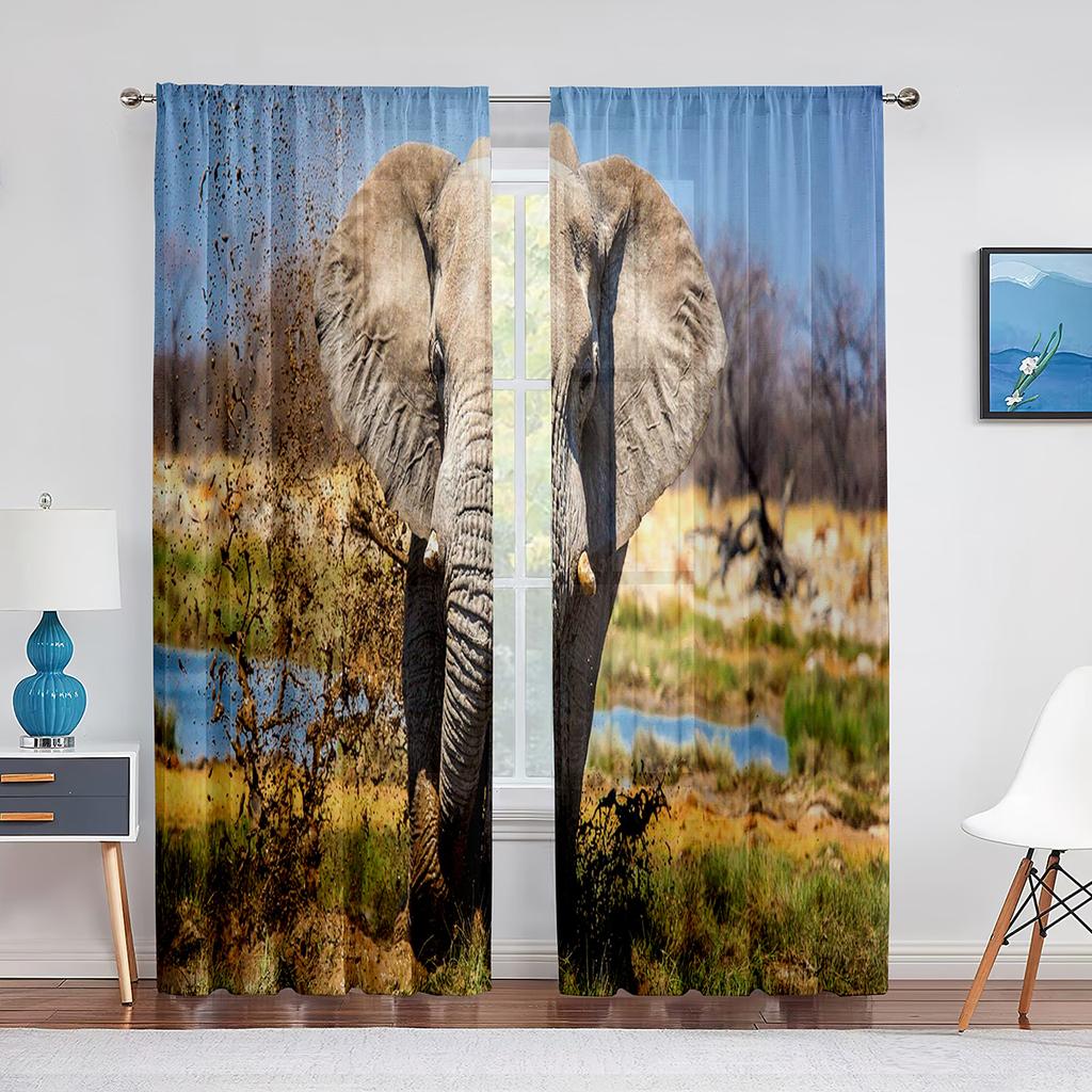 Afrikanischer Wildtier-Elefant und Nashorn-Tüllvorhänge für Wohnzimmerdekorationen, Chiffon, durchsichtiger Voile, Vorhang für Küche und Schlafzimmer