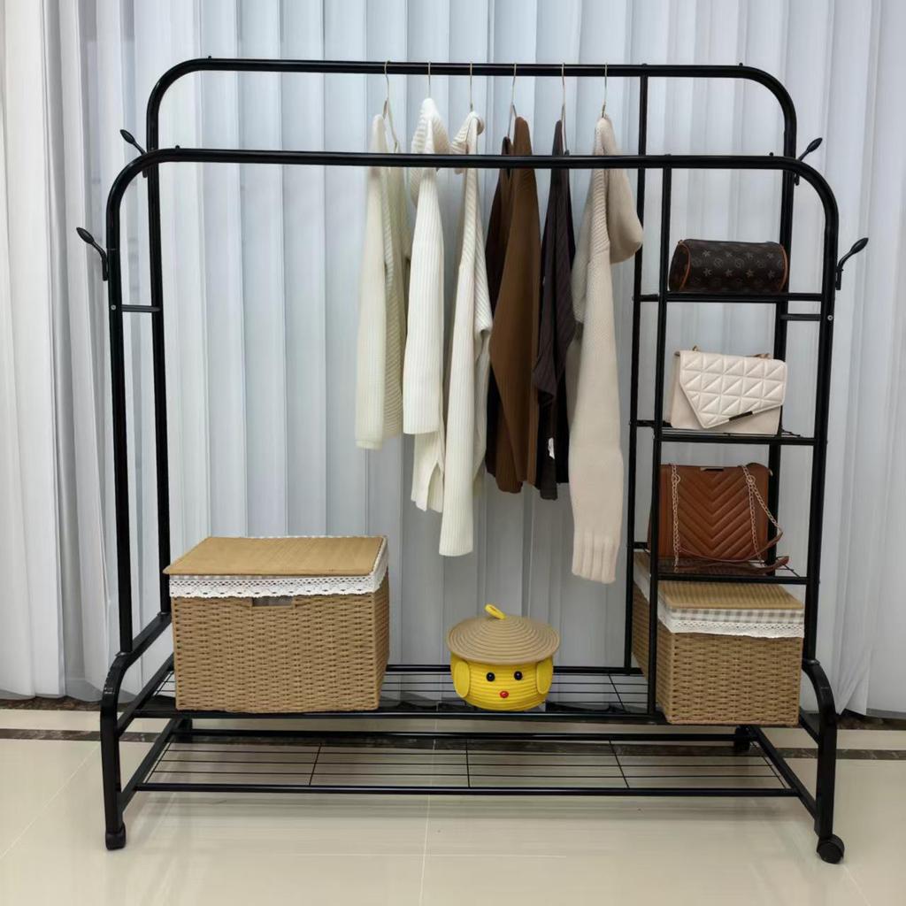 Indoor Double-Rod Floor-Standing Clothes Rack for Balcony or Bedroom