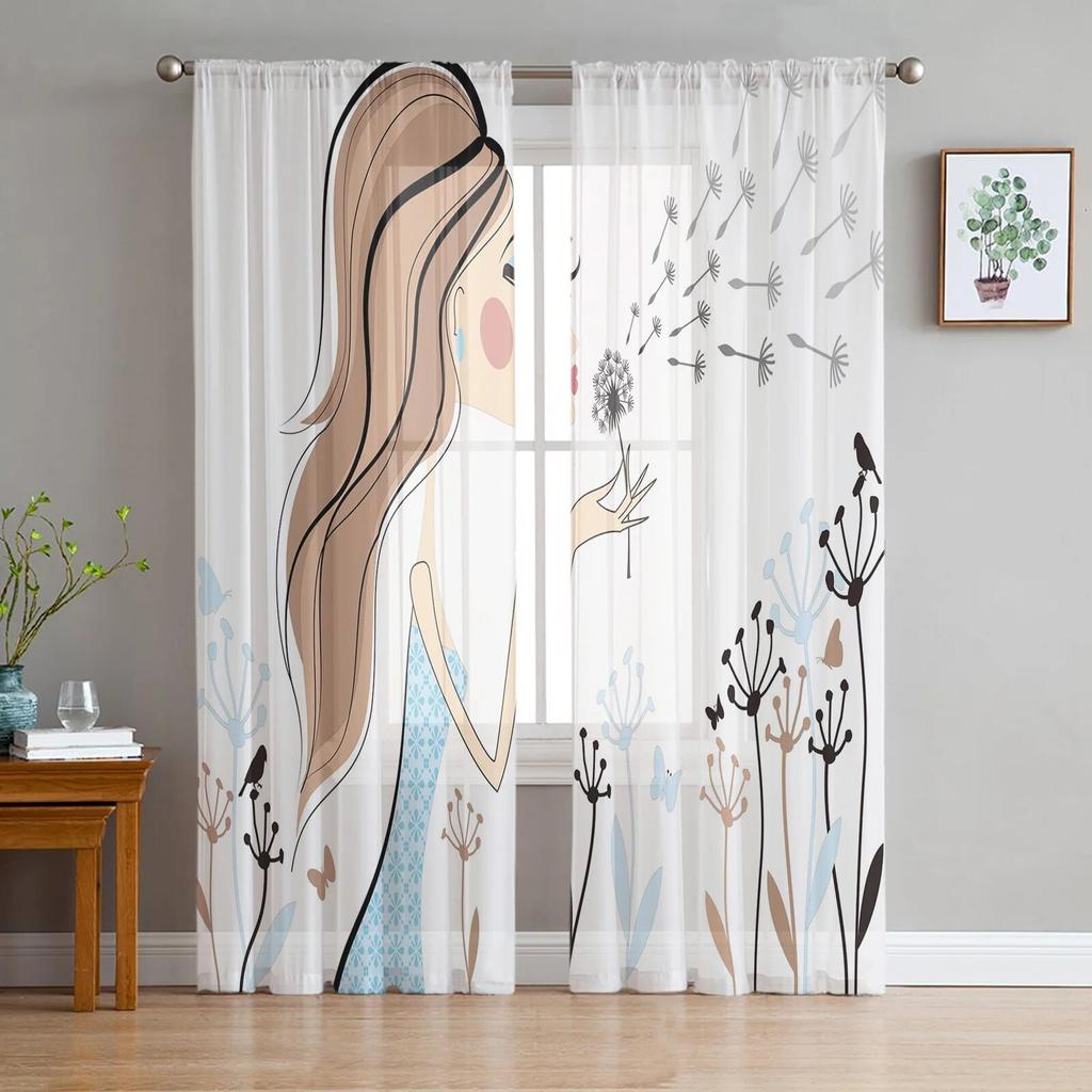 Abstract Dandelion Flowers Sheer Curtains For Girl Kids Bedroom Kitchen Window Drapes Curtain Home Decoration