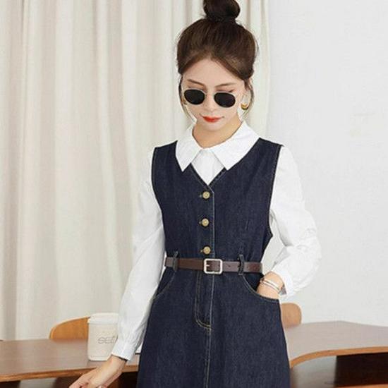 

Women s Spring/Autumn White Shirt & Denim Vest Dress with Belt - 2026 Fashionable Two-Piece Set L