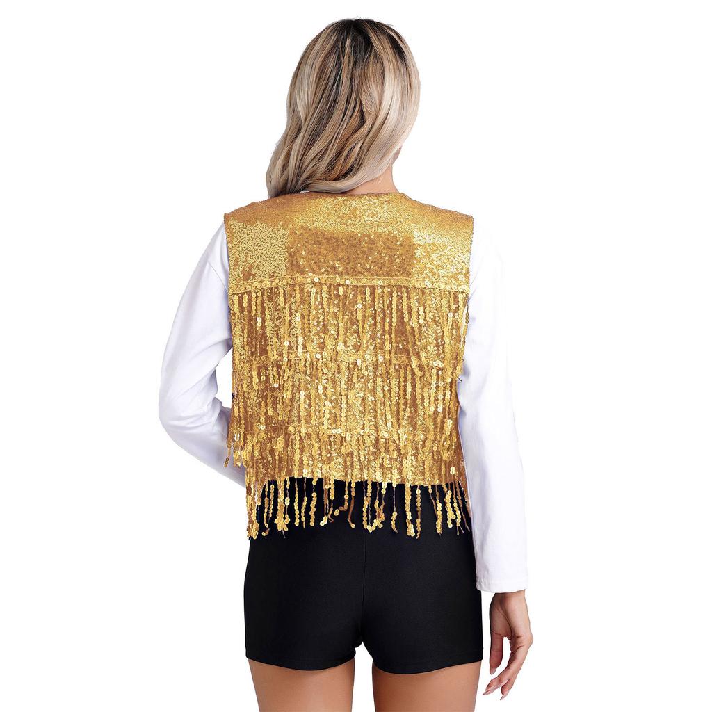 Women's Shiny Sequin Sleeveless Vest Sparkly Casual Open Front Waistcoat Jackets Glitter Vest Coat