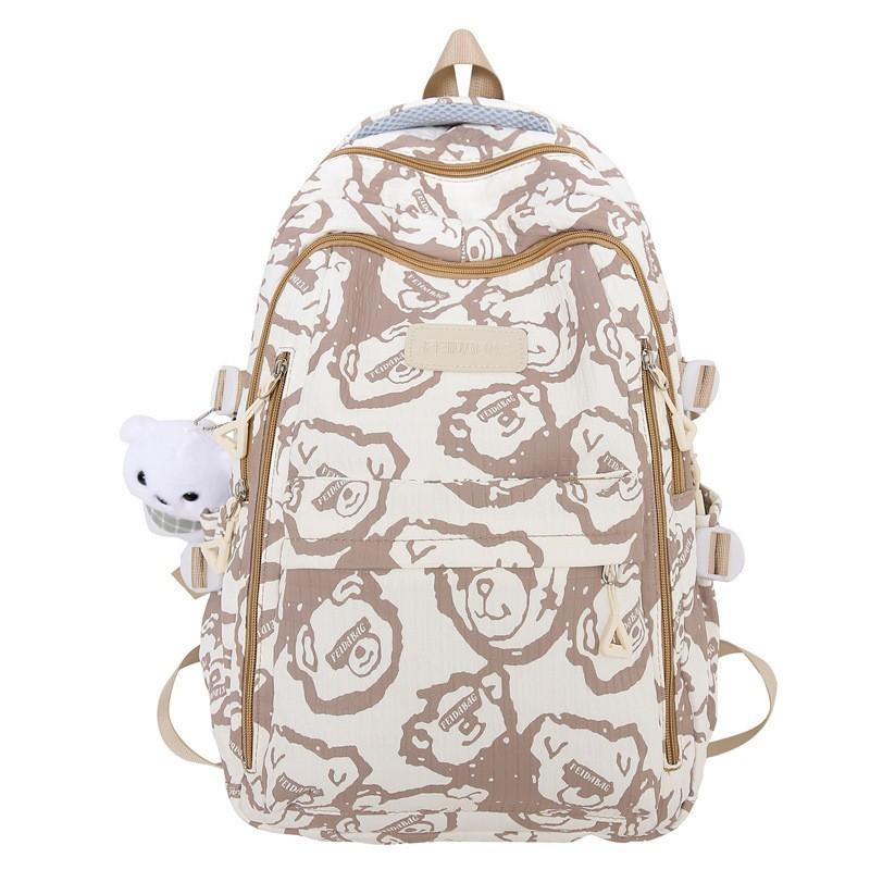 2024 New Backpack Bear Printed Schoolbag Female Junior High School Students Niche All-matching Computer Bag
