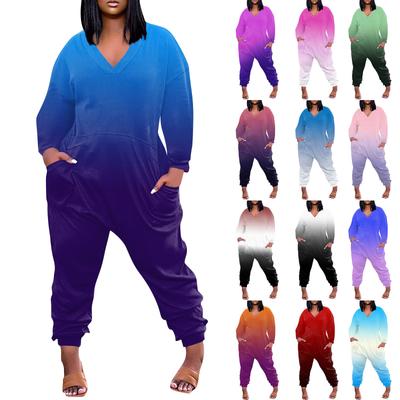 Women's Large Size Loose Casual Printed Long Sleeve V-Neck Pocket Jumpsuit