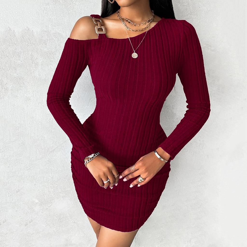 Women's Solid Color Off-the-shoulder Slant Collar Design Sense Bodycon Dress, Stylish, Slim, Sexy Long-sleeved Dress