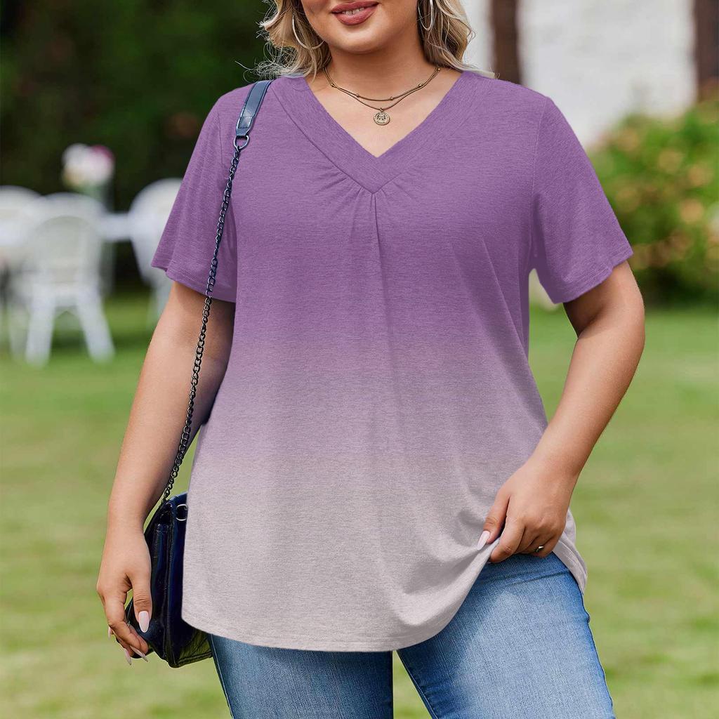 Damska Modna Codzienna Luźna Bluzka Plus Size z Krótkim Rękawem Elegancka z Dekoltem V Do Pracy