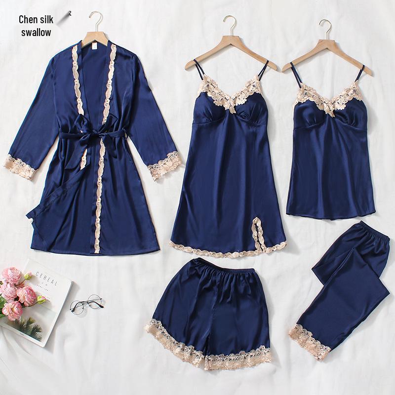 

Женский летний шелковый пижамный комплект: Комплект из 5 предметов: кофта с длинным рукавом, майка с кружевной отделкой, шорты и брюки M