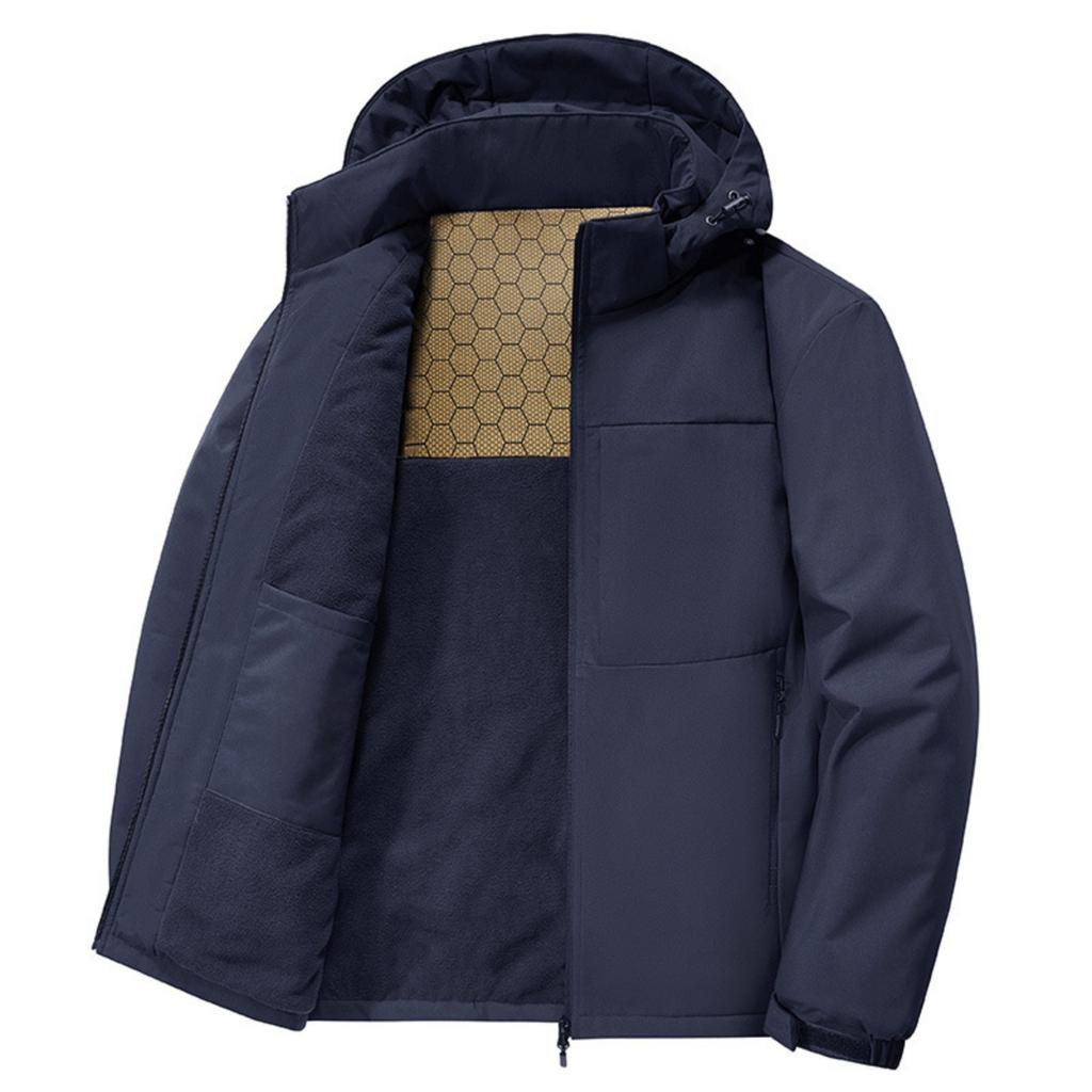 Men's Casual Solid-color Stand-up Collar Hooded, Fleece Thickened Loose Windproof Cotton Jacket