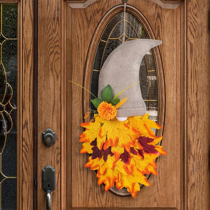 Harvest Gnomes Figure Maple Leaf Flower Fall Wreath Hanging Sign Ornament for Farmhouses Front Door Wall Decoration