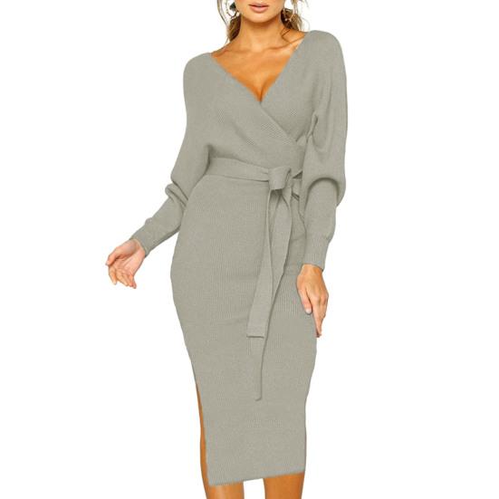 Women Fall Winter Dress V Neck Lace Up Belted Tight Waist Solid Color Knitted Elastic Mid-calf Length Long Sleeve Slim Fit Lady Commute Dress