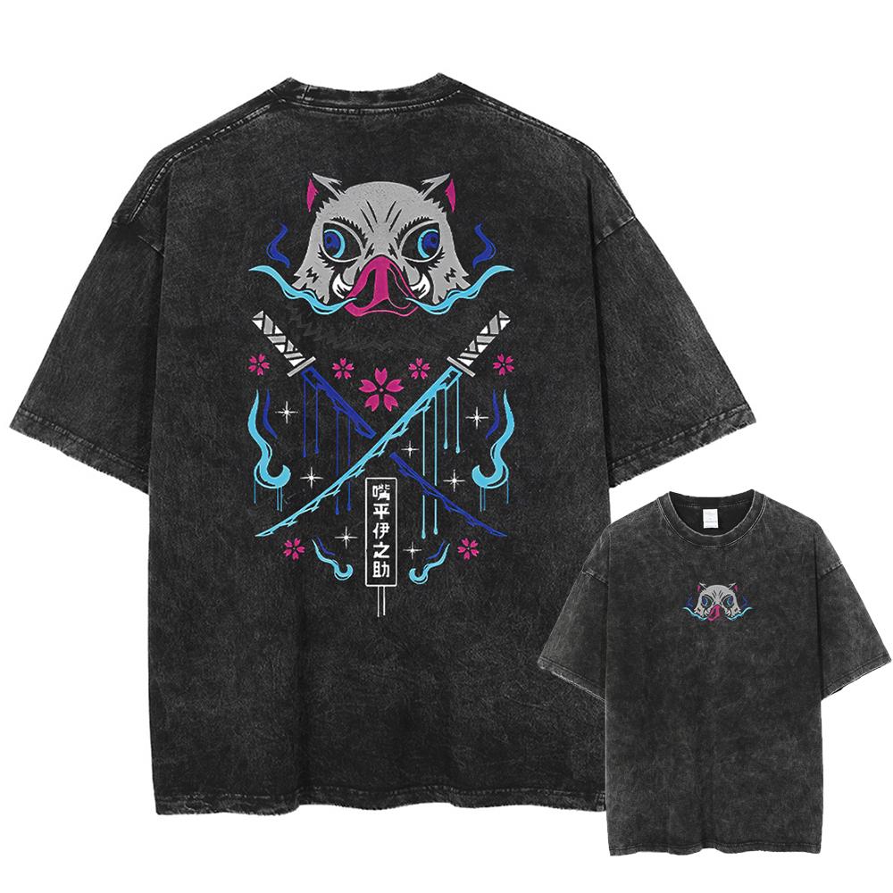 Men Streetwear Summer Rengoku Kyoujurou Top Tee Harajuku Anime Demon Slayer Printed T-shirt Vintage Washed Oversized Tshirt