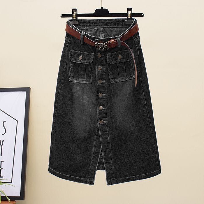 Women's Spring One Row Buckle Split Hip Wrap A-line Skirt Autumn High Waist Slimming Mid Length Half Body Cowboy Skirt
