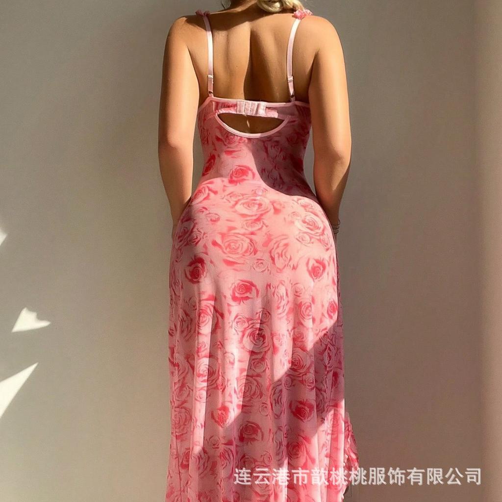 Sexy nightdress rose print underwear women's pajamas thong two-piece set European and American