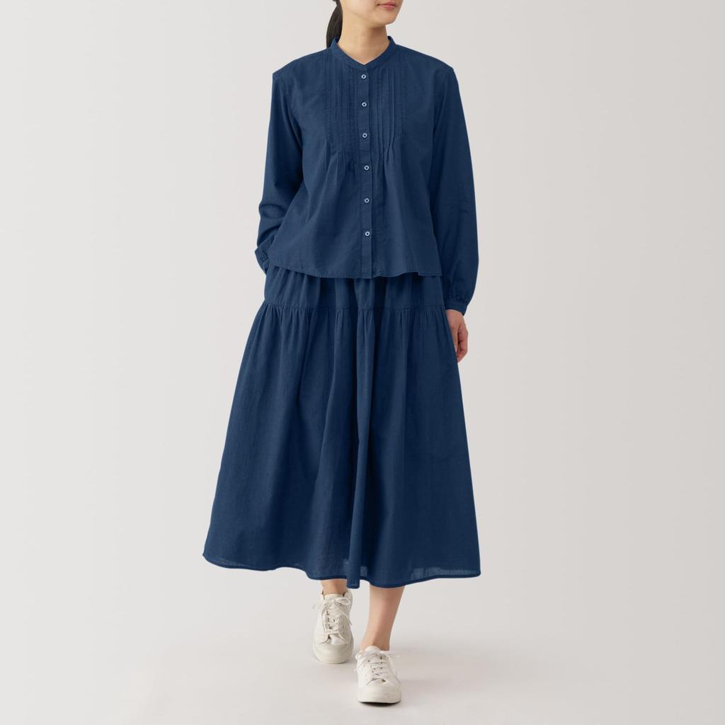 MUJI Women's Cotton Voile Indigo-Dyed Gathered Skirt, Navy, Size S, BE1T1A4A