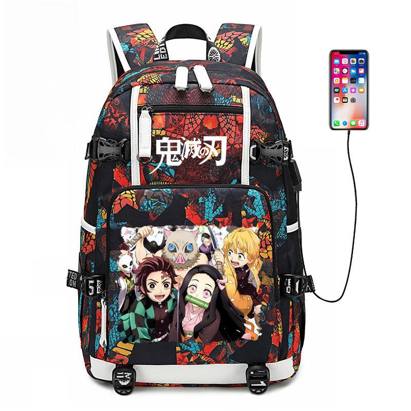 Japon dessin animé bande dessinée Demon Slayer Sac à dos élégant avec interface USB et grande capacité 0005