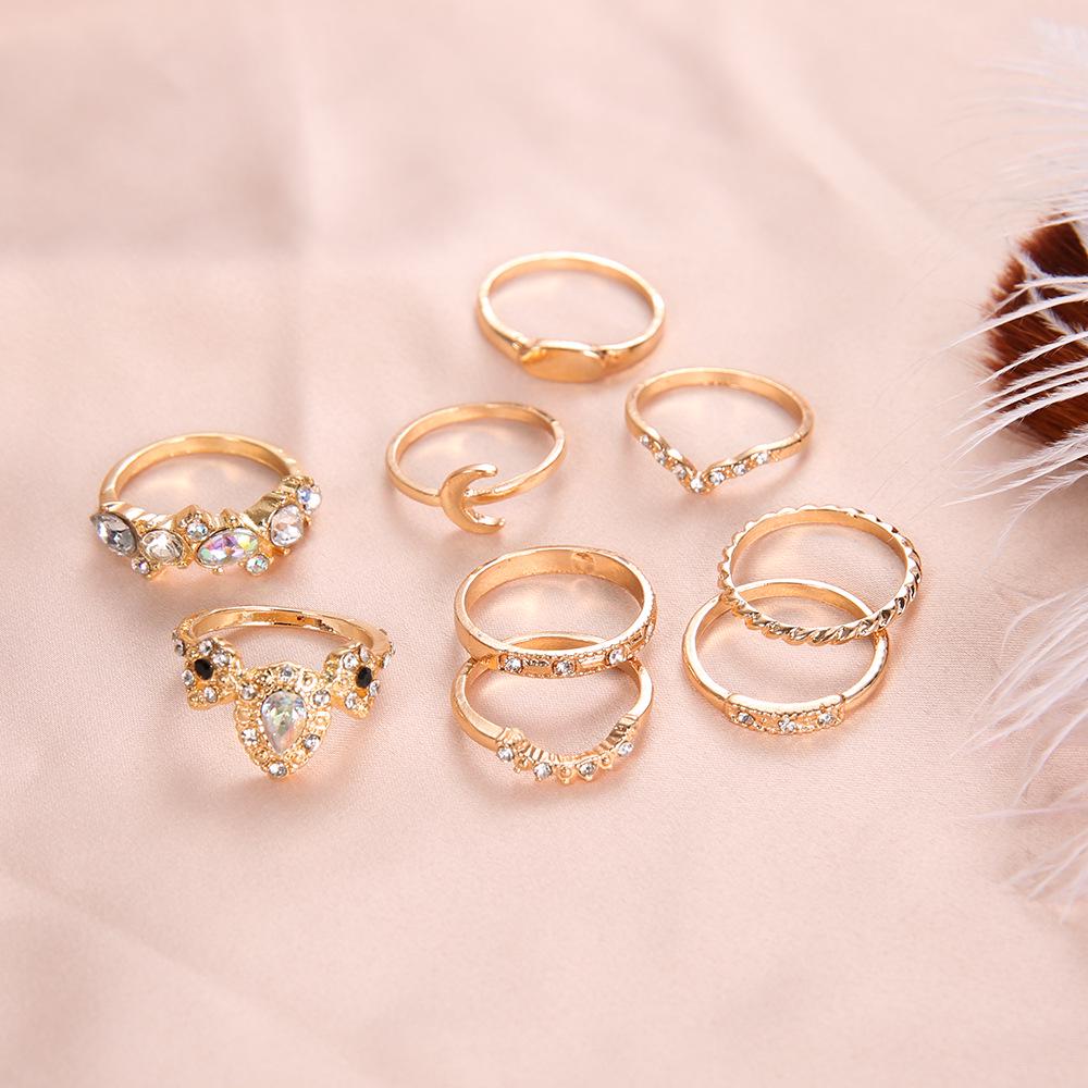 Retro Gold Women's Moonstone & Gem 9-Piece Ring Set