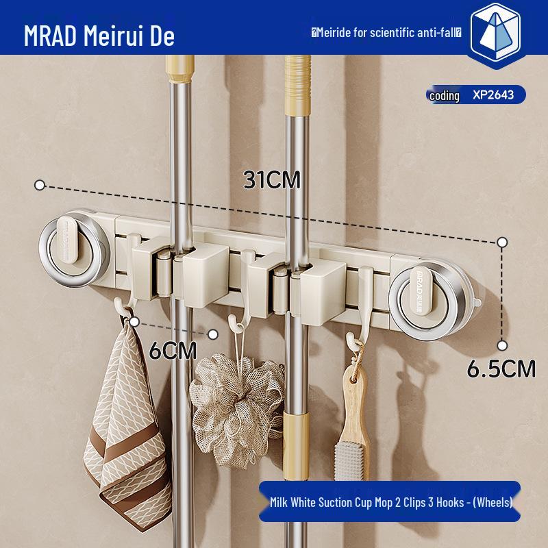Movable Suction Cup Mop Clip Wall-Mount Storage Rack