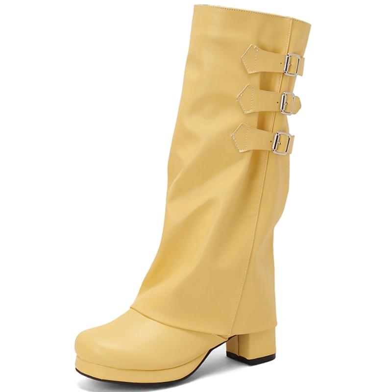 Women's Knee High Boots Sexy Turned-over Edge Winter Shoes Black White Pink Heeled Long Boot Ladies Party Shoes Large Size 45