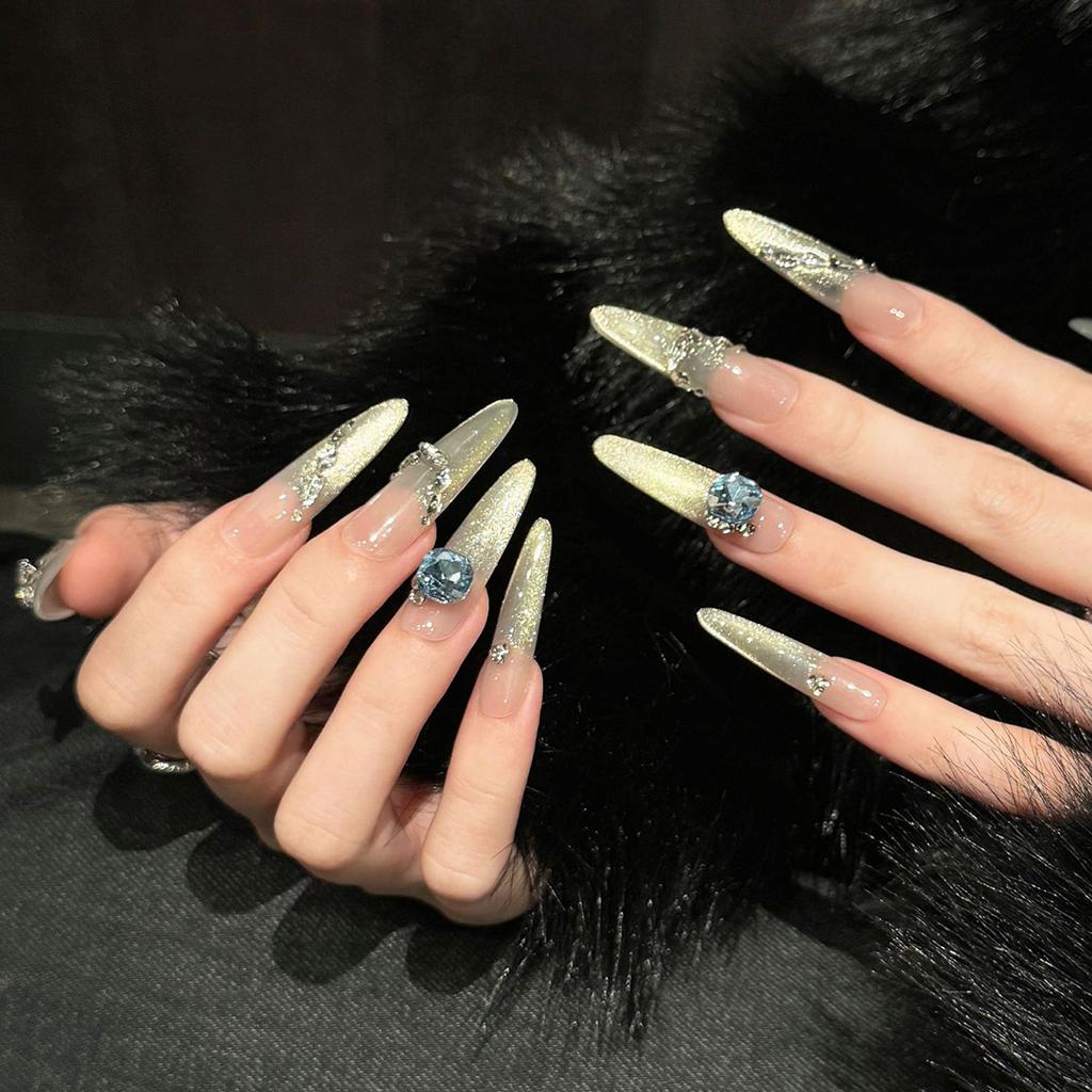 Removable False Nails Cat Eyes Rhinestone Gradient Champagne Autumn Winter Party Essential