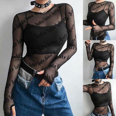 Sexy Mesh See Through Gothic Letter Print T-Shirt Summer Starry Angle Print Mesh Perspective Short Top