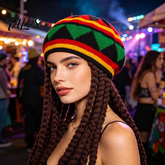 Bequemer Perückenhut Stretch-Barett Unterhut, Nicht-Druckausübender Weicher Gestrickter Elastischer Böhmischer Straßenstil Regenbogenfarbe Faltbar für Festivals