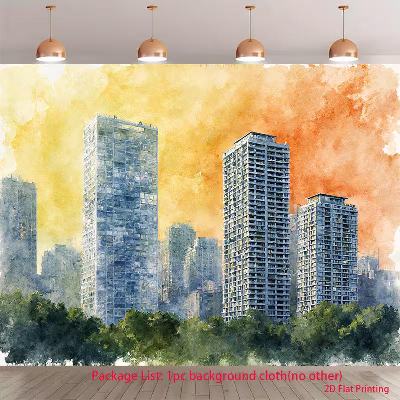 

2D Watercolor City Skyline Live Streaming Background Cloth 47.2x31.5inch/120*80cm
