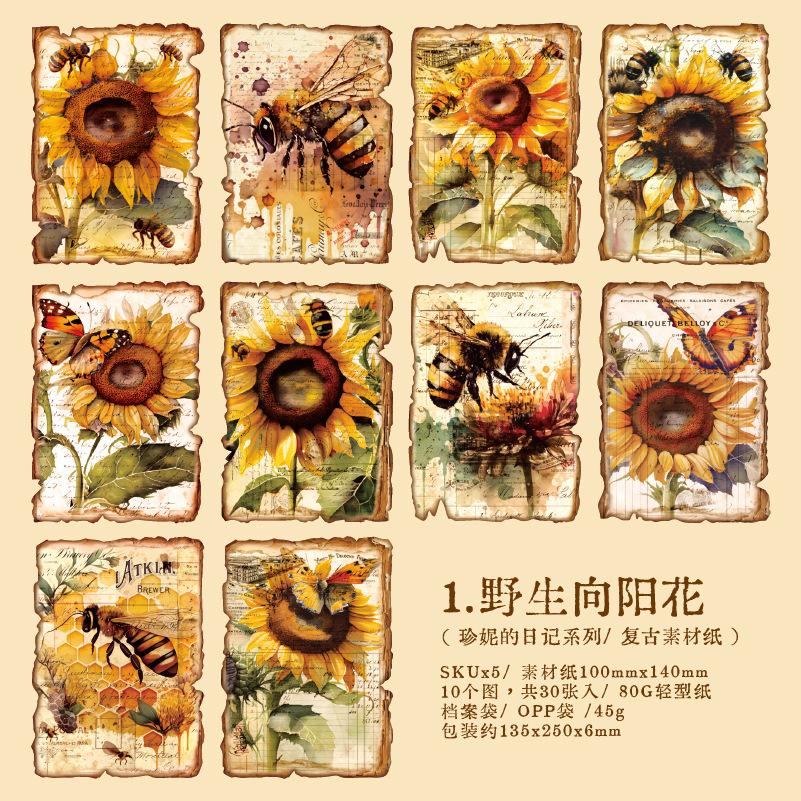 30 Sheets Vintage Paper for Journal Scrapbooking, Floral Collage Decorative Supplies, Retro Craft Paper for DIY