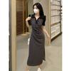 Design Sense Polo Neck Short Sleeve Dress Women's Summer Large Size Pleated Waist Skinny Split Dress
