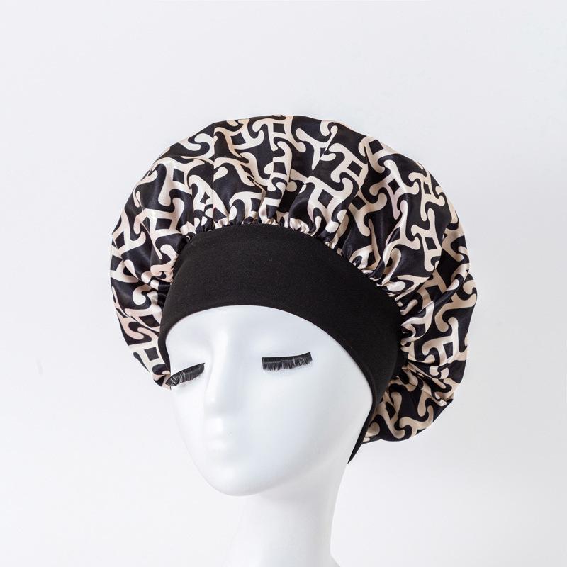 European American Print Satin Sleep Cap - Wide Brim Silky Hair Protection Hat for Women