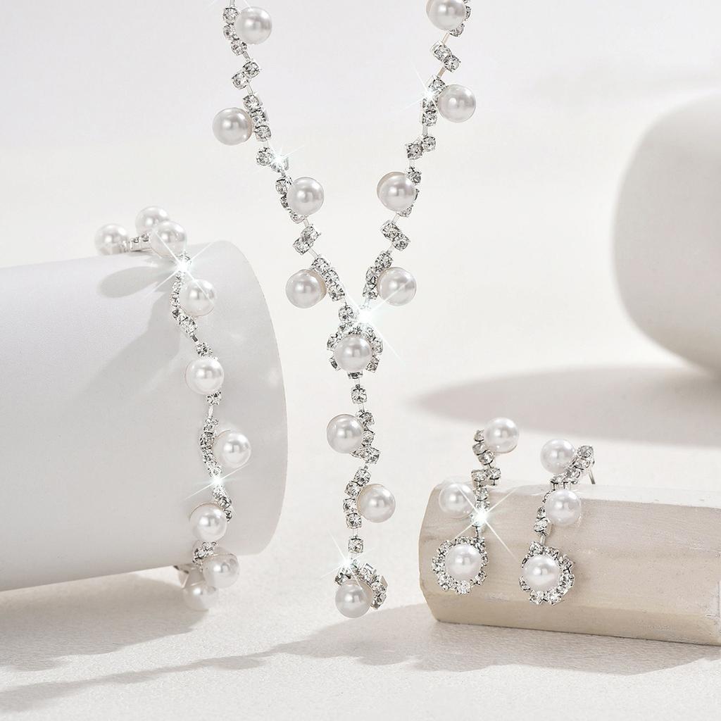 3/4pcs Sweet Elegant Style Imitation Zircon Inlaid Women's Necklace Earrings Bracelet Set Wedding Party Dress Fashion Accessories