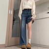 Retro Blue Wide-leg Jeans for Women's Autumn and Winter Velvet High-waisted and Thin Loose Straight Mopping Long Pants