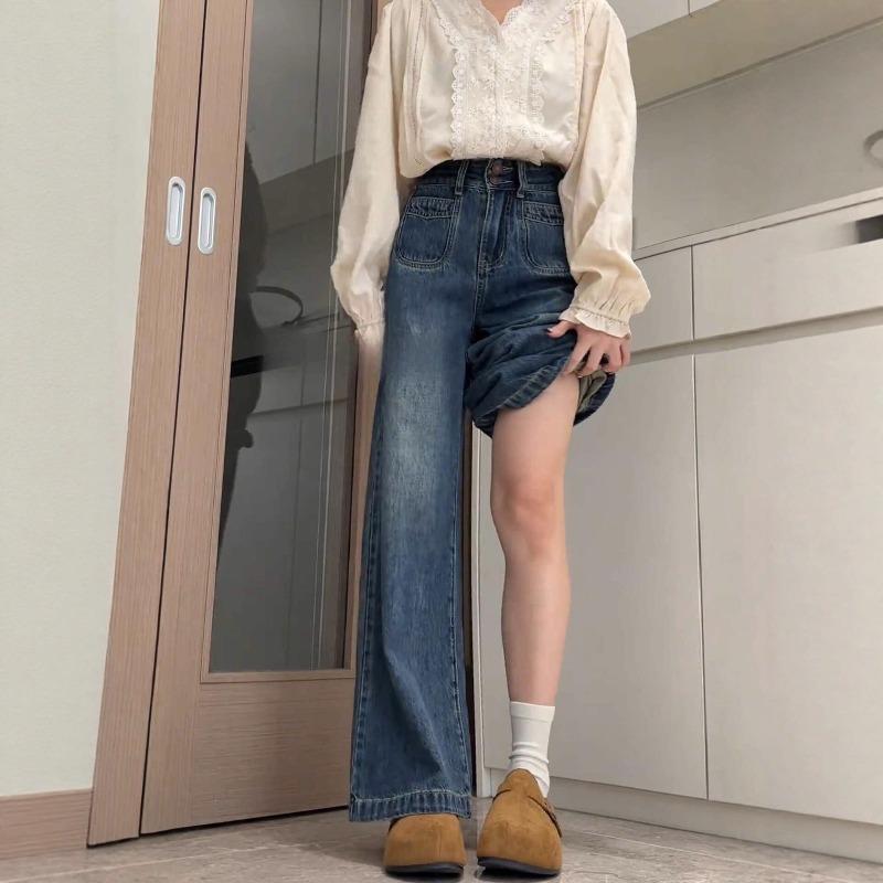 Retro Blue Wide-leg Jeans for Women's Autumn and Winter Velvet High-waisted and Thin Loose Straight Mopping Long Pants