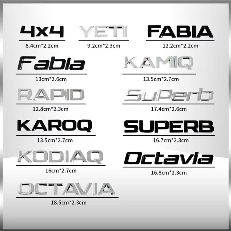 JBIW9 3D Metal Car Rear Trunk Emblem Chrome Badge Sticker For SKODA OCTAVIA SUPERB KAROQ FABIA RAPID 4x4 YETI Letter Logo Decor