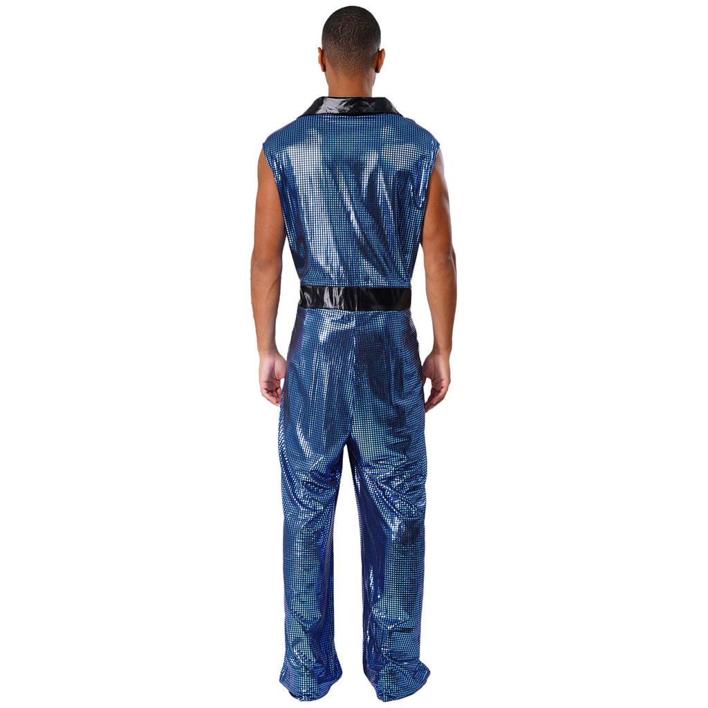 Retro 1920s Disco Outfit for Men M-3XL Metallic Shiny Plaid V Neck Lapel Sleeveless Wide Leg Jumpsuit for Club Rave Stage