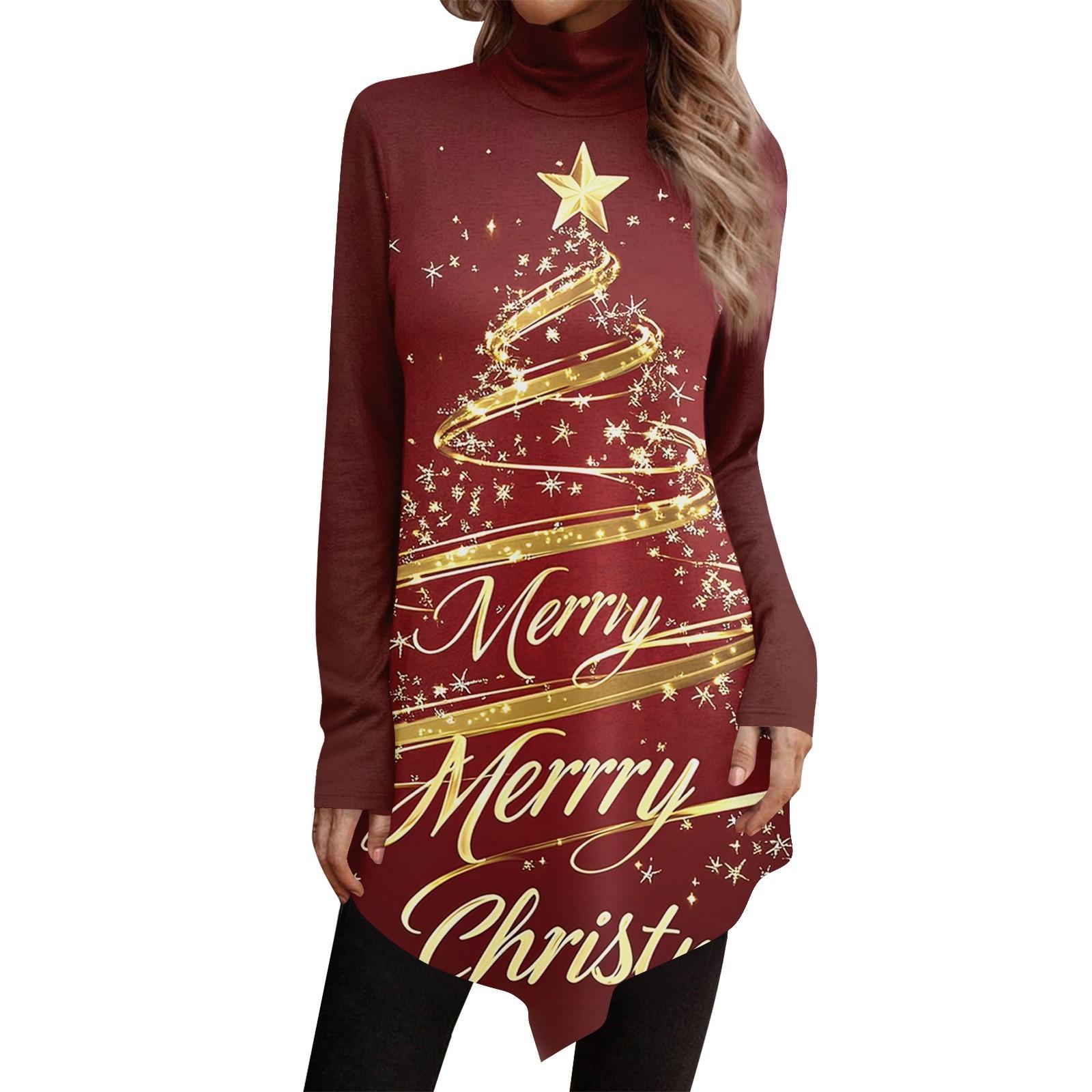 

Повседневная мода Рождественский принт Рубашка Топы Высокий ворот Неровный подол Длинный рукав Пуловер Топы XXXL золотой