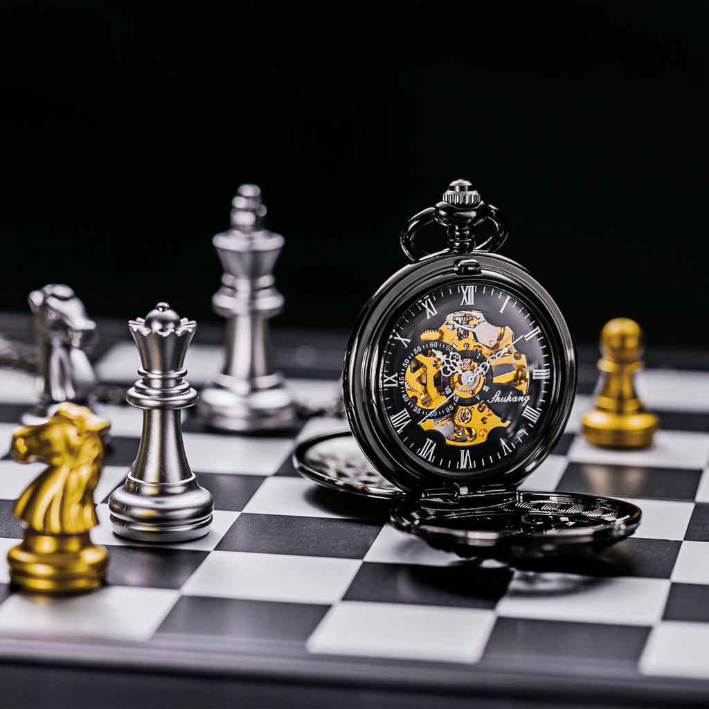 TREEWETO Mechanical Hand-Wound Pocket Watch with Double-Sided Lid, Dragon Openwork Skeleton Design, and Chain