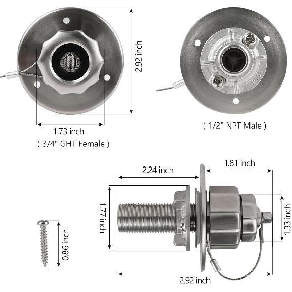 Metal RV City Water Inlet, RV Water Inlet Connection with Check Valve, RV City Water Fill Inlet Replacement Flange Fresh Water Inlet for Motorhome