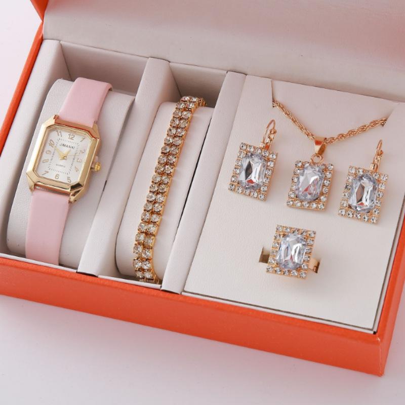 New Casual Fashion Leather Ladies Business Square Luxury Quartz Watch Korean Version Rhinestone Jewelry Set
